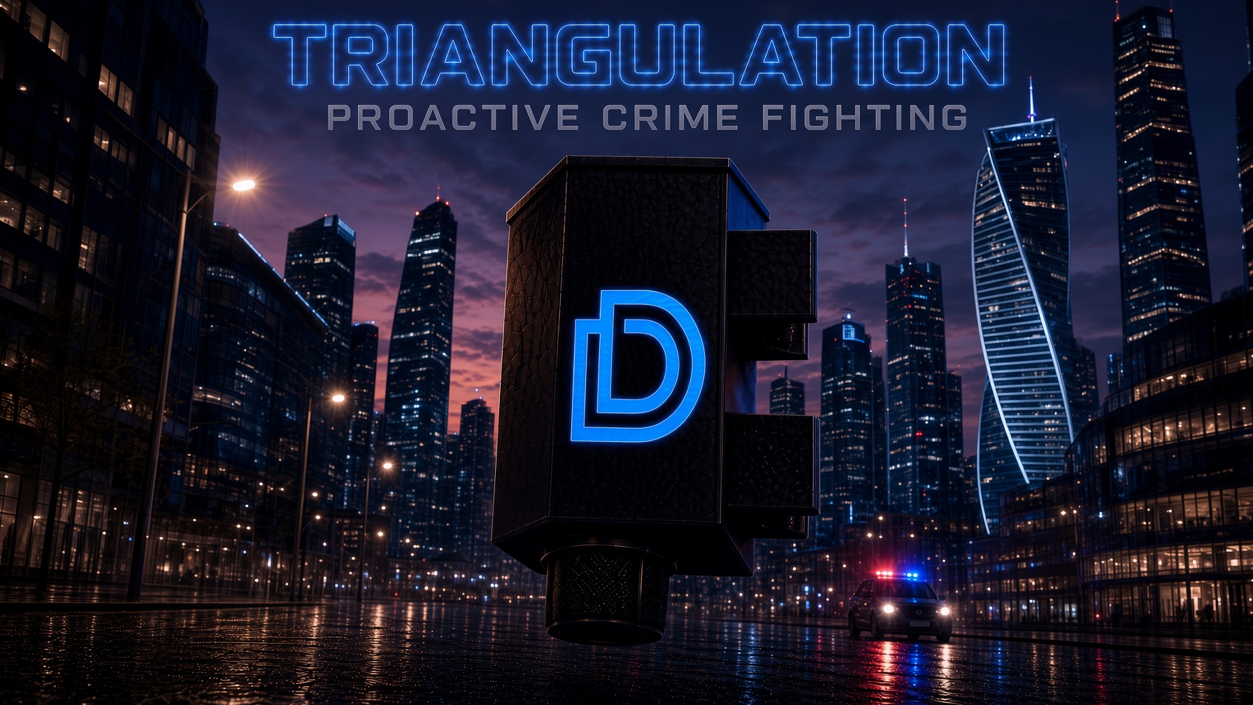 Cinematic night city scene with a floating matte-black DARAD unit and a glowing D mark. Artwork title: TRIANGULATION / PROACTIVE CRIME FIGHTING.
